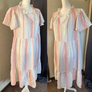 Wonderly Cotton Stripe Dress Cottagecore Coastal Boho Ruffle Midi Women XXL